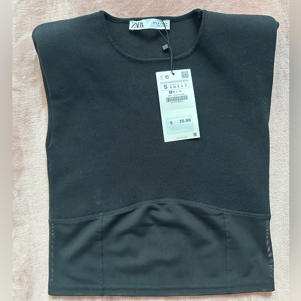 Zara shirt - black with shoulder pads and mesh at the bottom